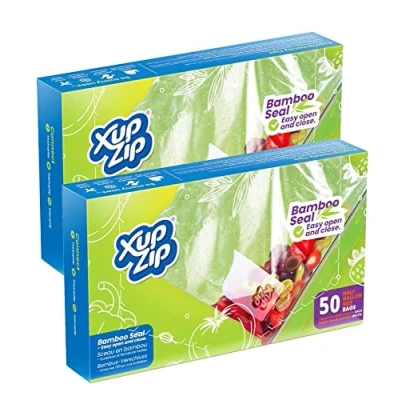 Imagen de XupZip,100 bolsas para congelador, tamaño medio galón (2.27 l), grandes de bambú con sello bambú, plástico alta resistencia congelables, reutilizables, sin BPA