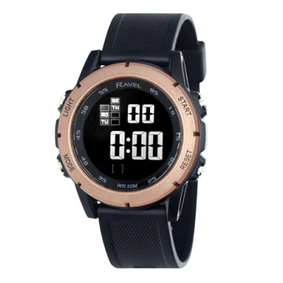 Imagen de Ravel Reloj de cuarzo digital redondo 3 ATM para hombre con luz RDG.14D, Negro y bronce