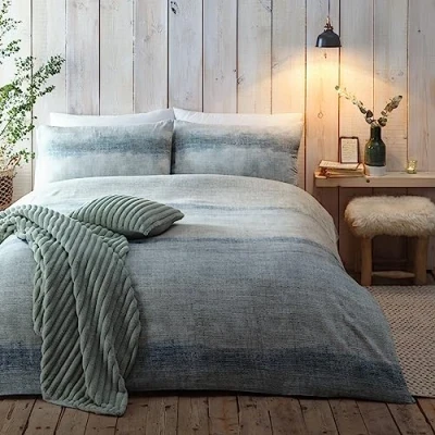 Imagen de Appletree Hygge Anson Stripe Juego de Funda edredón 100% algodón Cepillado, tamaño Doble en Color Verde