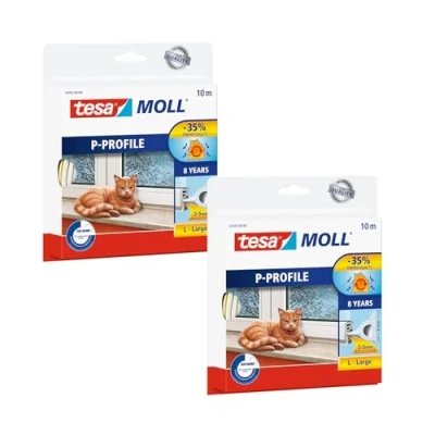 Imagen de tesamoll Perfil P Paquete de 2 Burlete Caucho Autoadhesivo para Aislar Ventanas y Puertas Sellar Huecos Blanco 2x 10 m x 9 mm 5.5