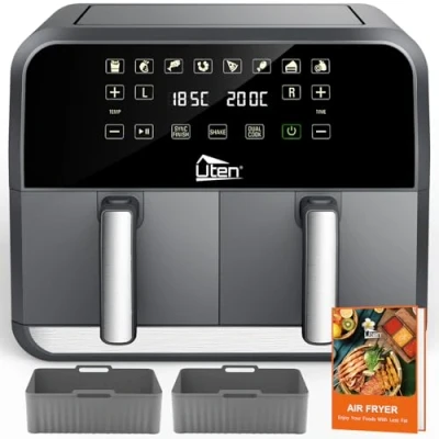 Imagen de Uten Freidora de Aire con Doble Cesta 8L, 1700W Air Fryer 2 Almohadillas Silicona, 114 Recetas, sin Aceite Función SYNC, 8 en 1, Recordatorio Agitación, Apta para Lavavajilla