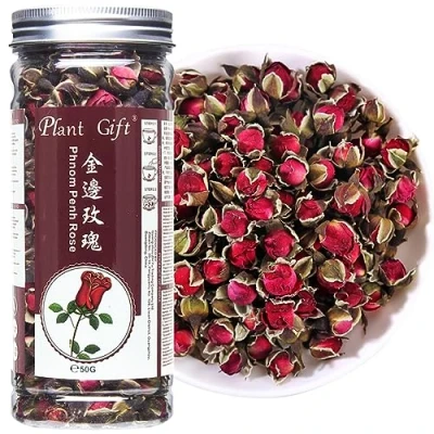 Imagen de Plant Gift Dried Rose Buds 50G/1.76oz 金边玫瑰 Phnom Penh Té de rosa comestible, flores secas fragantes para té, hornear, artesanía, fabricación jabón, resina, popurrí, brotes rosas
