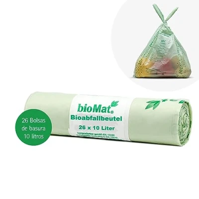 Imagen de bioMat Bolsas de Basura Compostables 10l con Asas, 26 Bolsas, Certificado DINplus, Climáticamente Neutro