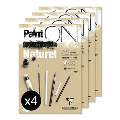 Imagen de Clairefontaine 96539C Un bloc encollé de papier dessin Paint&#039;On 30 feuilles 14,8x21 cm 250g, Naturel Paquet 4 blocs