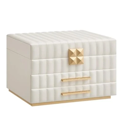 Imagen de SONGMICS HOME ANAH Colección Caja Joyero de 3 Capas con Espejo, Organizador Joyas 2 Cajones, Superficie PU Costuras, Efecto Flotante, 21,5 x 24 15,8 cm, Regalo, Blanco Nube JBC183W01