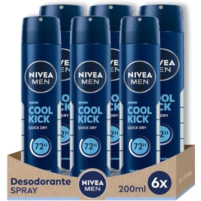 Imagen de NIVEA MEN Cool Kick Spray en pack de 6 (6 x 200 ml), desodorante hombre con un golpe frescor, antitranspirante para el cuidado masculino