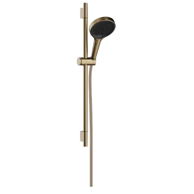 Imagen de hansgrohe Rainfinity, set de ducha ahorro agua, mano (EcoSmart) con barra 65cm, soporte y Designflex flexo textil 160cm, 3 tipos chorro, bronce cepillado