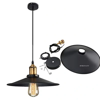Imagen de HTRUIYATY Industrial Vintage Lámpara Colgante E27 Base Longitud Ajustable Retro Hierro Lampara Techo Para Comedor Bar Salon Cocina (ø26cm, Negro)