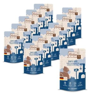 Imagen de MjAMjAM comida húmeda premium para gatos Quetschie pure meat enjoy de pato tierno, pack 12 (12 x 125 g), sin cereales con extra carne