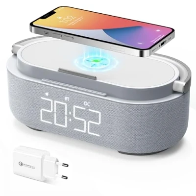 Imagen de COLSUR Radio Despertador Digital con Carga Inalambrica, FM Puerto de carca USB, Pantalla LED Ajustable, Luz Nocturna, Bluetooth, Alarma Temporizador Apagado y Soporte para Teléfono