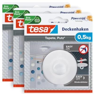 Imagen de Tesa77781 Gancho de techo adhesivo para papel pintado y yeso, pack 3