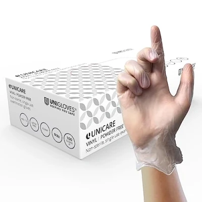 Imagen de UNIGLOVES Unicare Guantes desechables de vinilo multiusos, sin polvo, látex, peso medio, caja 100 guantes, transparente, tamaño grande (GS0064)