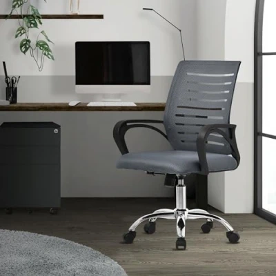 Imagen de ML Design Silla de Oficina Ergonómica Gris Asiento Ordernador Escritorio con Resposabrazos y Altura Regulable Tapizado Malla Respirable, Función Balancín Giratoria 360 Ruedas