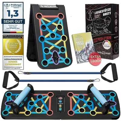 Imagen de Body &amp; Mind® Tabla de Flexiones; Fitness Multifuncional Plegable para Entrenamiento Todo el Cuerpo y Flexiones efectivas; agarres con Correas gratuitas