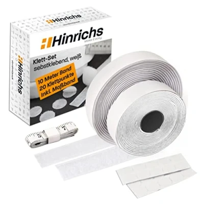 Imagen de Hinrichs Set de Belcro Adhesivo Doble Cara Fuerte Blanco 1 Cinta Gancho y Bucle 10 m x 2 cm + 20 Belcros Adhesivos Redondos Ø para Tela Velcade