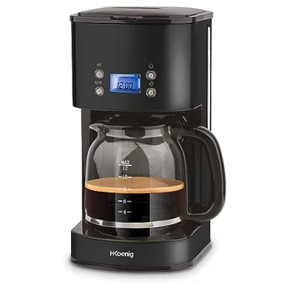 Imagen de H.Koenig Cafetera Programable MG32, de filtro, Depósito agua 1,5L (12 tazas), 1000W, Jarra graduada cristal, Pantalla LCD, Cuerpo acero inoxidable, Negro