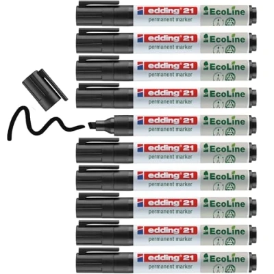 Imagen de edding 21 EcoLine marcador permanente negro 10 rotuladores punta redonda 1,5 3mm indeleble de secado rápido resistente al agua y los borrones cartón plástico madera metal tela universal