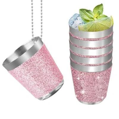Imagen de Ruikdly 6 vasos de metal para colgar, 30 ml, chupito color rosa, acero inoxidable con cadena, bodas, despedidas soltero, carnaval, cata vino, fiesta