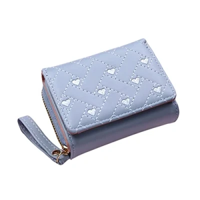 Imagen de Diyafas Cartera Pequeña de Mujer Corazón Bordado Monedero Señoras Tarjetero con Múltiples Ranuras para Tarjetas Azul
