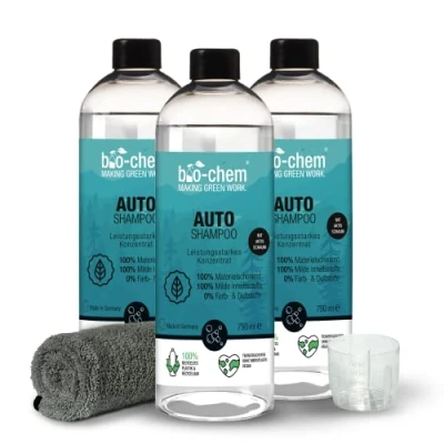 Imagen de bio chem Champú para coche biodegradable, 3 x 750 ml, incluye paño de flojel, concentrado pH neutro, potente contra la suciedad, suave con pintura, no daña el sellado cera, fabricado en