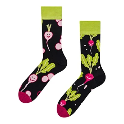 Imagen de Dedoles Calcetines Unisex Hombre Mujer y Niños Algodón muchos diseños divertidos diferente izquierda derecha, color: Negro, diseño: Rábano feliz, tamaño: 35 38