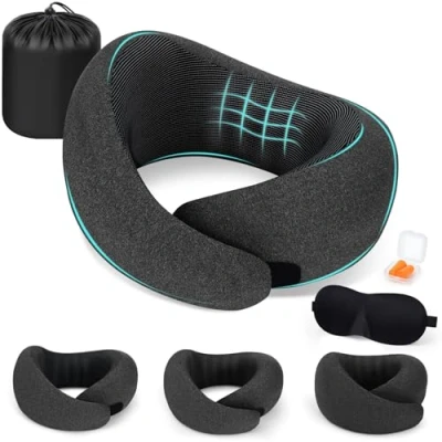 Imagen de Zepphi Almohada de Viaje para Cuello, Cojin Cervical 100% Espuma Memoria, Cuello con Máscara Ojos 3D, Tapones y Bolsa, Ideal Oficina Avión Tren Coche (Negro)