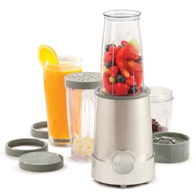 Imagen de BELLA Batidora Rocket de tamaño personal, perfecta para batidos, smoothies y bebidas saludables, fácil a la hora triturar picar, base 285 vatios potencia, 12 piezas, acero inoxidable