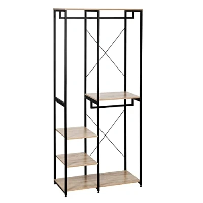 Imagen de WOLTU Perchero Burro Ropa con Estante Multiusos Fuerte Metal y Madera 90 x 40 204,5 cm(L P H) Color Negro+Roble Claro SR0062hei
