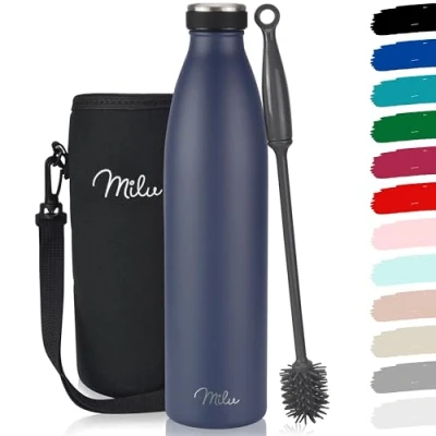 Imagen de Milu botella de acero inoxidable 350 ml, 500 750 1000 agua aislada, termo a prueba fugas, apta para doble pared, incluye cepillo limpieza (azul marino, ml)