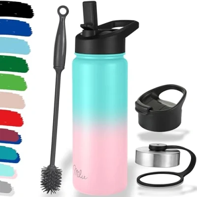 Imagen de Milu Botella de Agua, 500ml, 750ml, 1000ml (+3 Tapas) Acero Inoxidable, Libre BPA, Para Bebidas Calientes, Frías y Carbonatadas (Rosa Menta, 500ml)