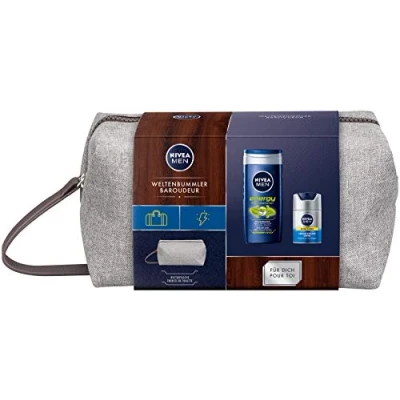 Imagen de NIVEA MEN Weltenbummler Geschenkset, Kulturtasche für Männer mit Pflegedusche und Gesichtsskflege Creme, Reiseeset den gepflegten Mann