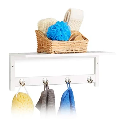 Imagen de Relaxdays Estante de Pared con 4 Ganchos, 17,5 x 50 16 cm, bambú, toallero, Perchero, Libre, Blanco