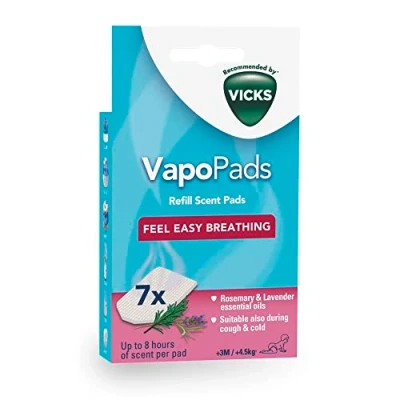 Imagen de Vicks VapoPads romero y lavanda, con aceites esenciales, Pack de 7, Compatible nuestros humidificadores, inhaladores difusores, Óptimo para resfriados congestión nasal, VBR7