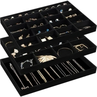 Imagen de Procase 3 Bandejas Organizadora para Joyería, Apilables Cajón Tocador Armario, Exhibidor de Collares Pendientes Pulseras Anillos Relojes, Regalo Ideal Mujeres y Niñas Todo Negro
