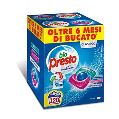 Imagen de Bio Presto Power Caps Classico, detergente para lavadora predosificado en cápsulas, 2 paquetes de 60 lavados (120 lavados)