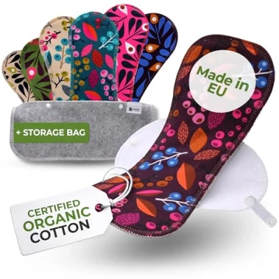 Imagen de Compresas Reutilizables Ecológicas de Algodón Orgánico; 7 Pack (tamaños S,M,L,XL) Tela Lavables HECHAS EN LA UE; Mujer Organico para menstruación, postparto, incontinencia