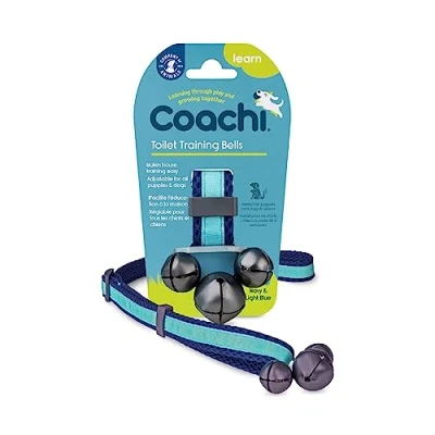 Imagen de Coachi Toilet Training Bells, per cuccioli o cani nuovi, addestramento a casa, no graffi alla porta, semplici, altezza regolabile. Accessorio canino con clicker. Facili da sentire.