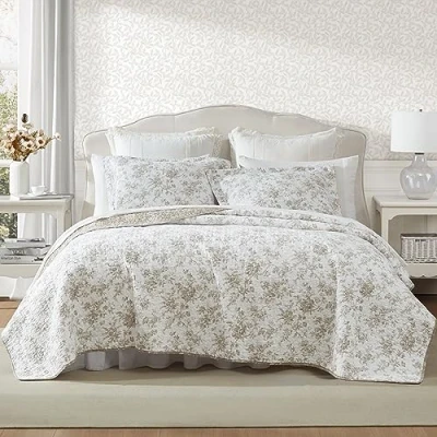 Imagen de Laura Ashley Juego de edredón tamaño Queen, Ropa Cama Reversible algodón Floral con Fundas a Juego, decoración del hogar para Todas Las Estaciones (marrón jardín, Queen)