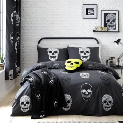 Imagen de Catherine Lansfield Juego de Funda nórdica Reversible con Fundas Almohada, diseño Calaveras, Color Gris