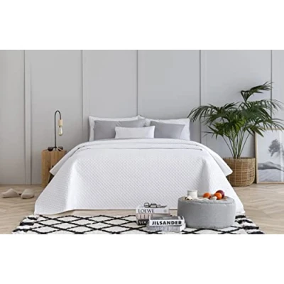 Imagen de Todocama Colcha boutí Fina con diseño de Rombos, para Primavera, Verano, otoño e Invierno. 100% Microfibra Extra Suave. Cubre Cama Multiusos. 80/90 180x260cm Blanco