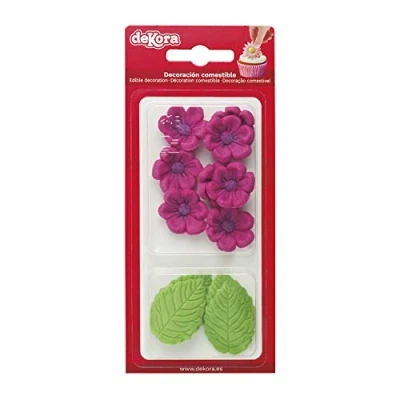 Imagen de Dekora Caja de 8 Flores Azucar Fucsia y 5 Hojas Verdes Figuras Comestibles para Tartas Decoracion Tarta Cumpleaños Azúcar