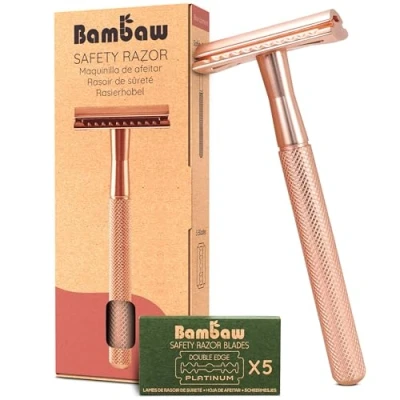 Imagen de Bambaw Maquinilla Afeitar Mujer con 5 Cuchilla de Doble Filo, Clasica,Single Blade Safety Razor Oro Rosa