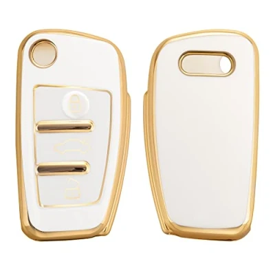 Imagen de kwmobile Carcasa para Mando Compatible con Audi Llave de Coche Plegable 3 Botones Funda Llaves TPU Blanco/Dorado