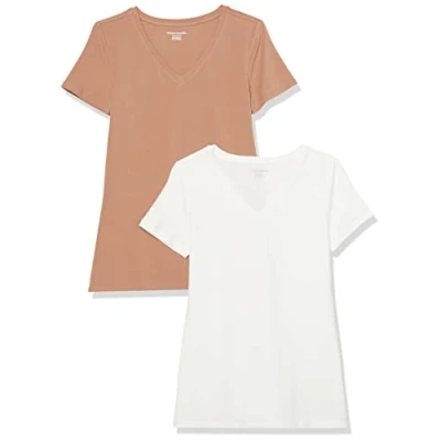 Imagen de Amazon Essentials Camiseta de Cuello en v Manga Corta y Ajuste Clásico Mujer, Pack 2, Marrón Claro/Blanco, L