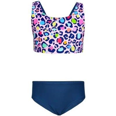 Imagen de Aquarti Bikini Deportivo para Niña Bañador Completo Dos Piezas, Estampado de Leopardo Rosa Violeta Azul Oscuro, 170
