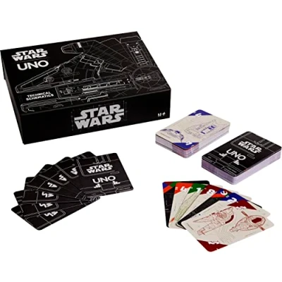 Imagen de Mattel Games UNO Star Wars Juego de Cartas esquemas técnicos para niños y Adultos con Planos Estaciones espaciales, Barcos droides