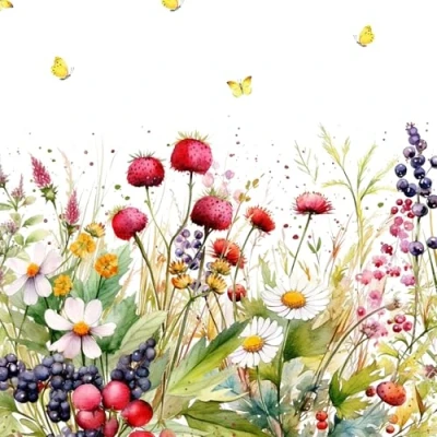 Imagen de 20 Servilletas de flores, jardín y prado natural con bayas dulces como decoración mesa. papel diseño. También para decoupage (33 x 33 cm)