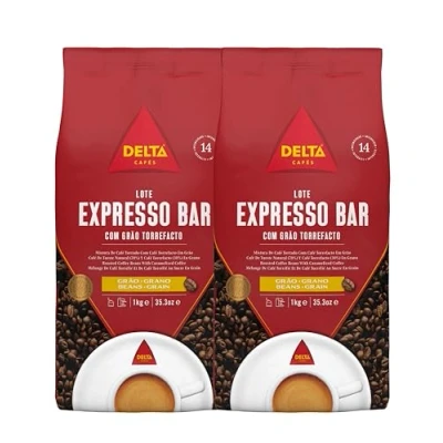 Imagen de Delta Cafés Café en Grano Espresso Bar 2 Paquetes de 1 Kg Intensidad 14 Mezcla Granos Arábica y Robusta con Tueste Natural Muy Aromático Sabor a Caramelo Nueces Tostadas