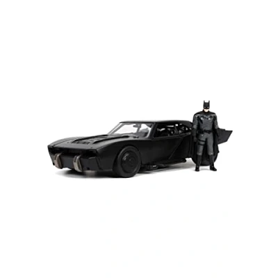 Imagen de DC Comics 1:24 The Batman Batmobile Coche Fundido a presión con Figura de 2.75 Pulgadas, Juguetes para niños y Adultos, Negro/Plateado