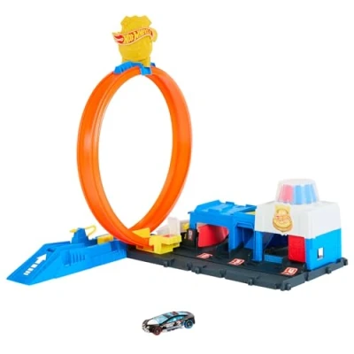 Imagen de Hot Wheels Supercomisaría de policía conjunto pista, juego con coche juguete metálico a escala 1:64, looping regulable para hacer carreras y acrobacias varias formas, JBM71